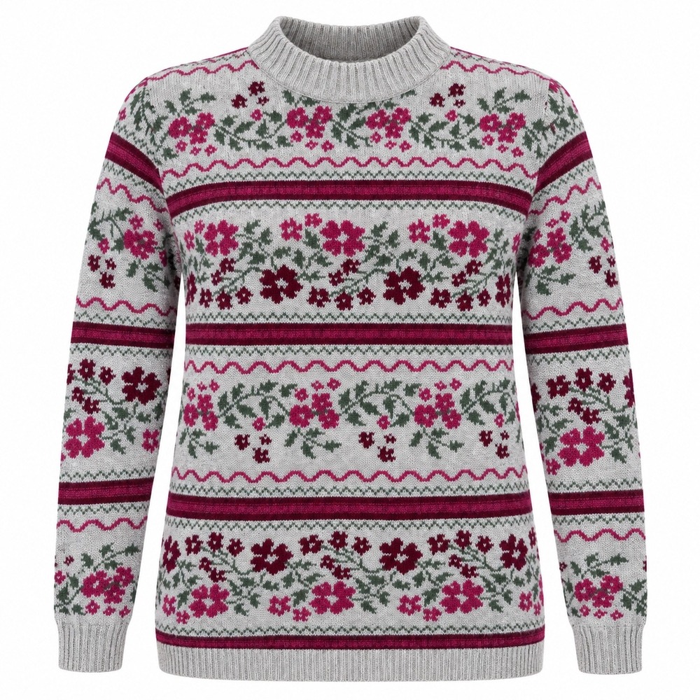 Vintage floral cottage granny Mock Neck Sweater Large romantic folk cozy retro